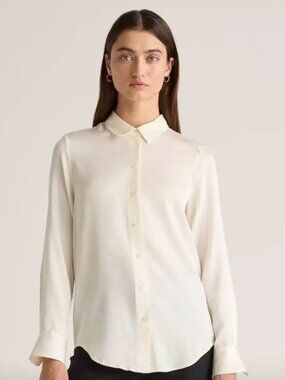 Quince Washable Stretch Silk Notch Collar Blouse Ivory Small NWT